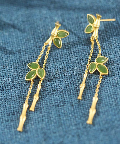 Moderne grüne Sterling Silber Overgild Bambus Tropfen Ohrringe 