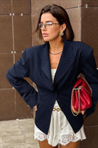 Striped Fitted Waist Designer Blazer Coat
