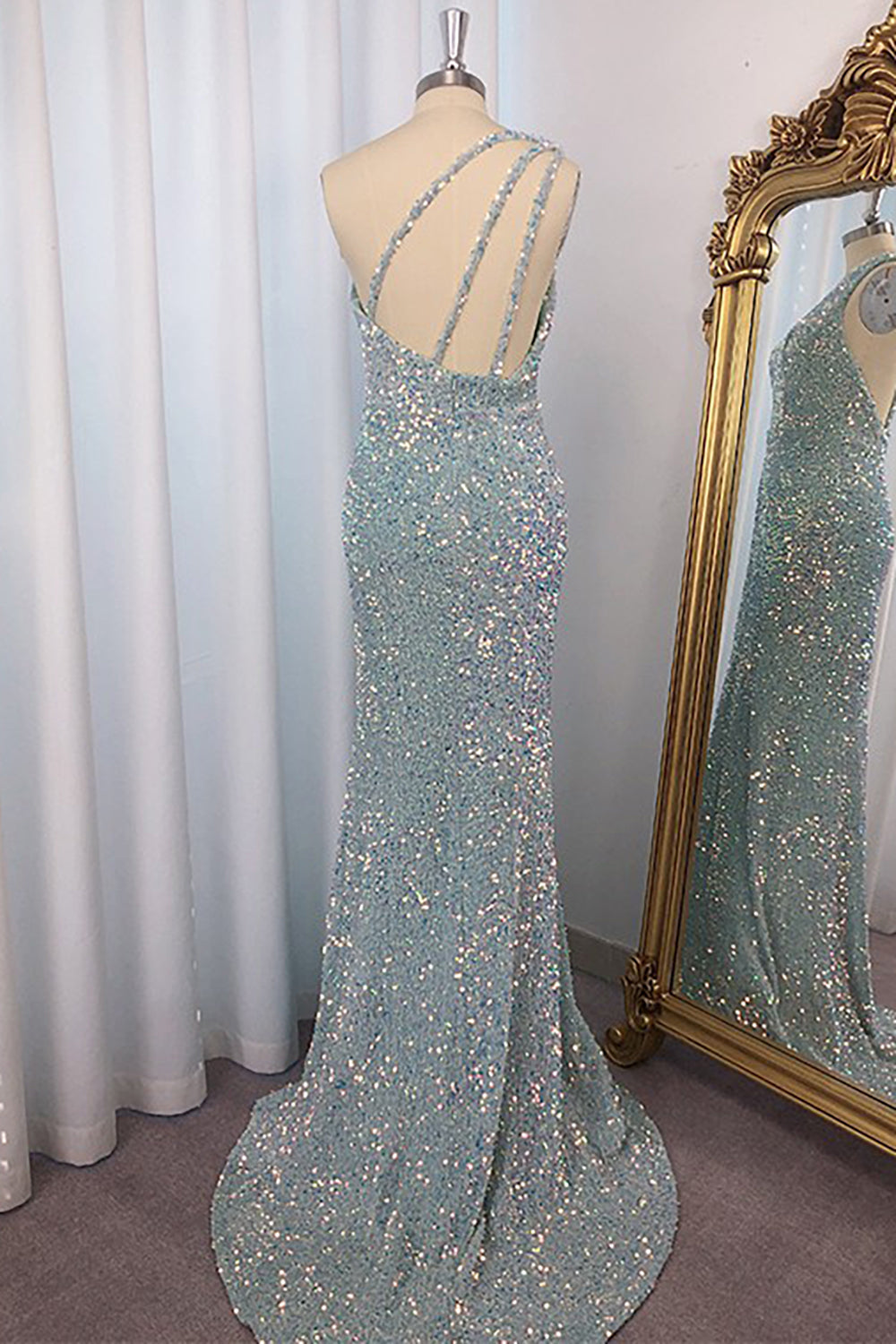Meerjungfrauen-Abendkleid mit One-Shoulder-Schnitt, rosa, Pailletten