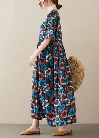 Elegante vestido de fiesta de verano con estampado de cuello redondo azul y media manga 