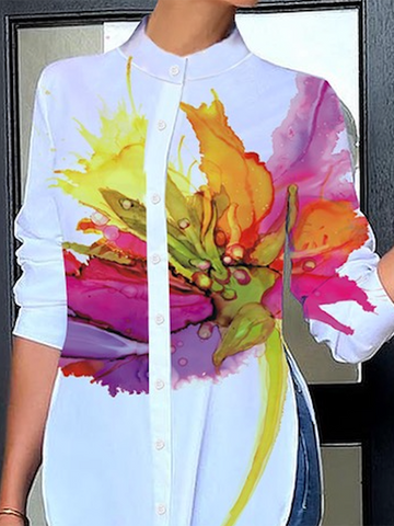 Three-Quarter Sleeves Buttoned Flower Print Split-Side Stand Collar Blouses&Shirts Tops