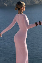 Elegant Sexy Deep V-Neck Long Sleeve Bodycon Maxi Dress
