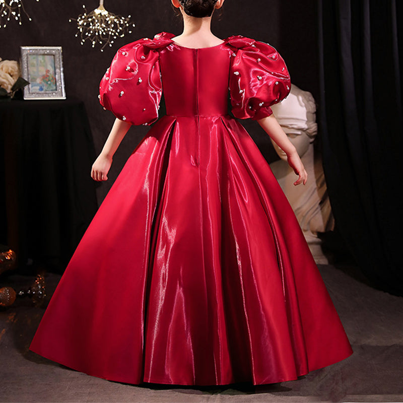 Blumenmädchenkleid, Kinder, Prinzessin, Kommunion, rote Schleife, Perlen, flauschiges Kleid 