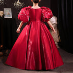 Blumenmädchenkleid, Kinder, Prinzessin, Kommunion, rote Schleife, Perlen, flauschiges Kleid 