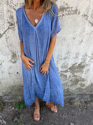 Vestido midi de algodón y lino con cuello en V 