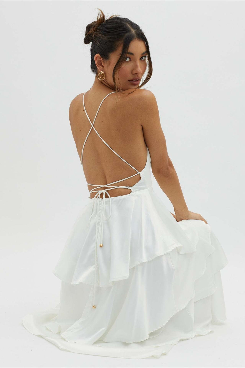 Satin V-Neck Cami Tiered Slim Maxi Dress