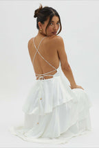Satin V-Neck Cami Tiered Slim Maxi Dress