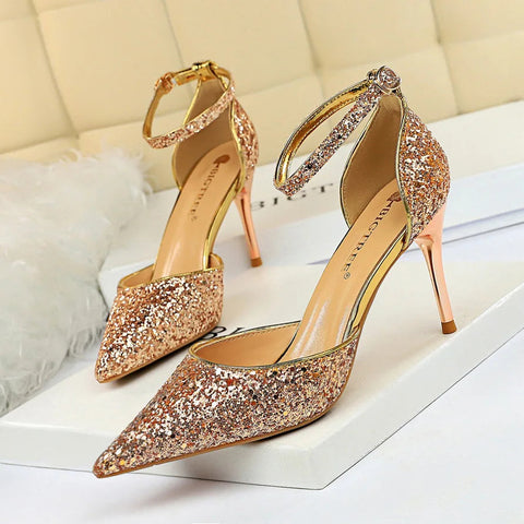 summer new European style stiletto heels shallow mouth pointed head sequins sexy nightclub show thin sandals for women