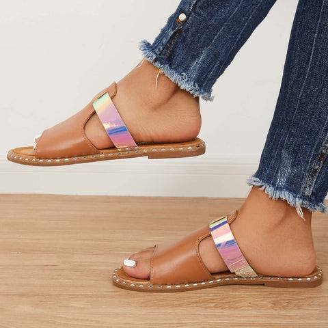 Bunte, offene Zehenpartie zum Hineinschlüpfen, flache Hausschuhe, Slide-Sandalen 