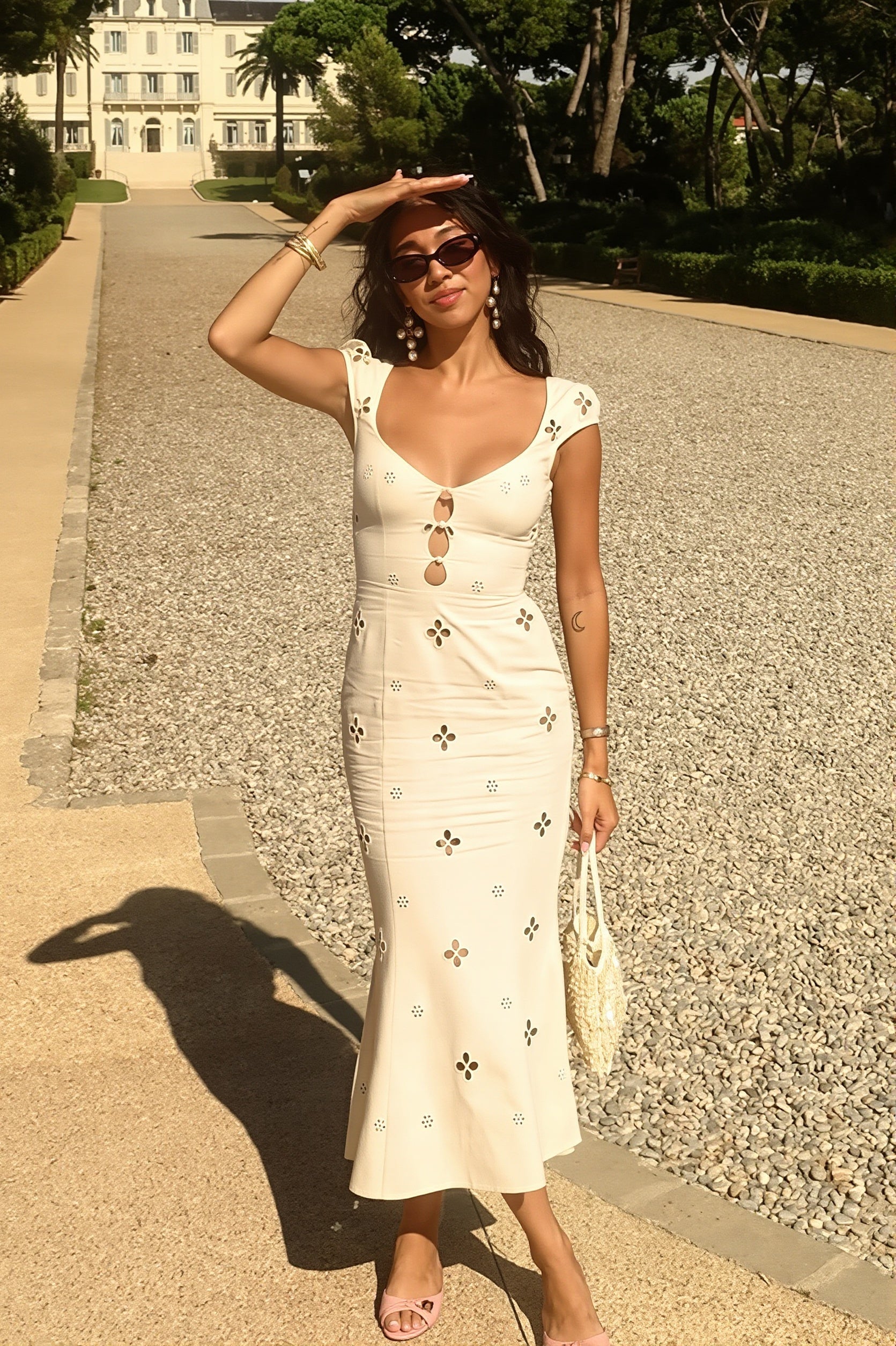 Embroidered Round Neck Cutout Mermaid Maxi Dress