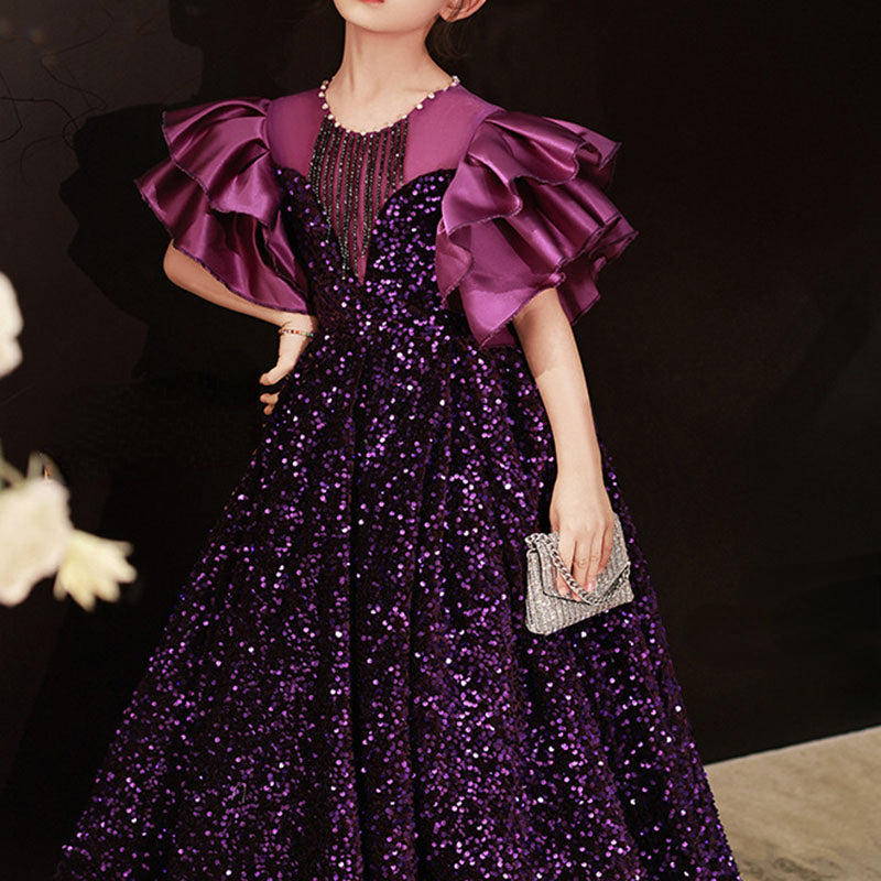Kommunionkleid für Blumenmädchen, Paillettenkleid mit Rückenbindefunktion, Prinzessinnenkleid 