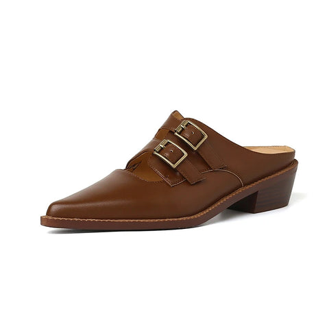 Zapatos de verano para mujer, de piel auténtica, con puntera cubierta y tacón grueso, sandalias con tira trasera, pantuflas hechas a mano. 