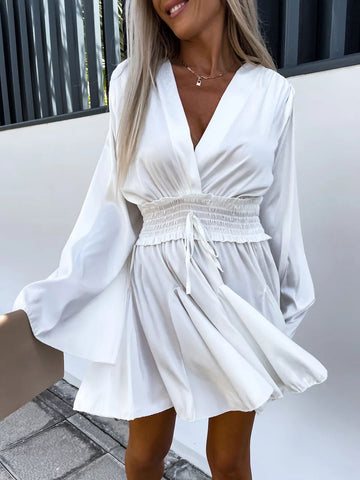 Mini Dresses Yellow Green Long Sleeves Lace Up Short Dress