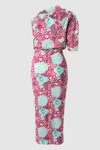 Elegantes Kleid mit floralem Patchwork-Print und schrägem Kragen 