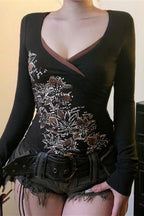 Retro Floral Printed V Neck Blouse