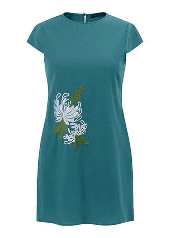 Sommerkleid Damen Vintage O-Ausschnitt Blumenstickerei 