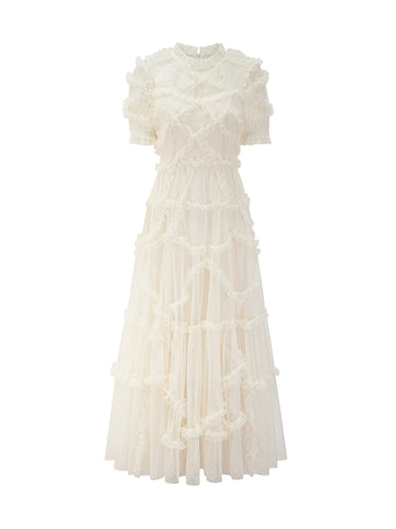 Ruffles Dress Illusion Neckline Ruffles Layered Tulle Maxi Dresses