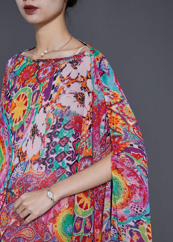 Bohemian Rot Asymmetrische Print Chiffon Shirt Tops Sommer 