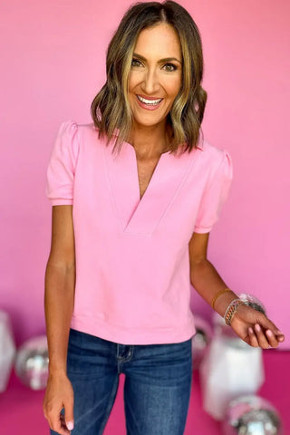 pink puff sleeve v neck blouse