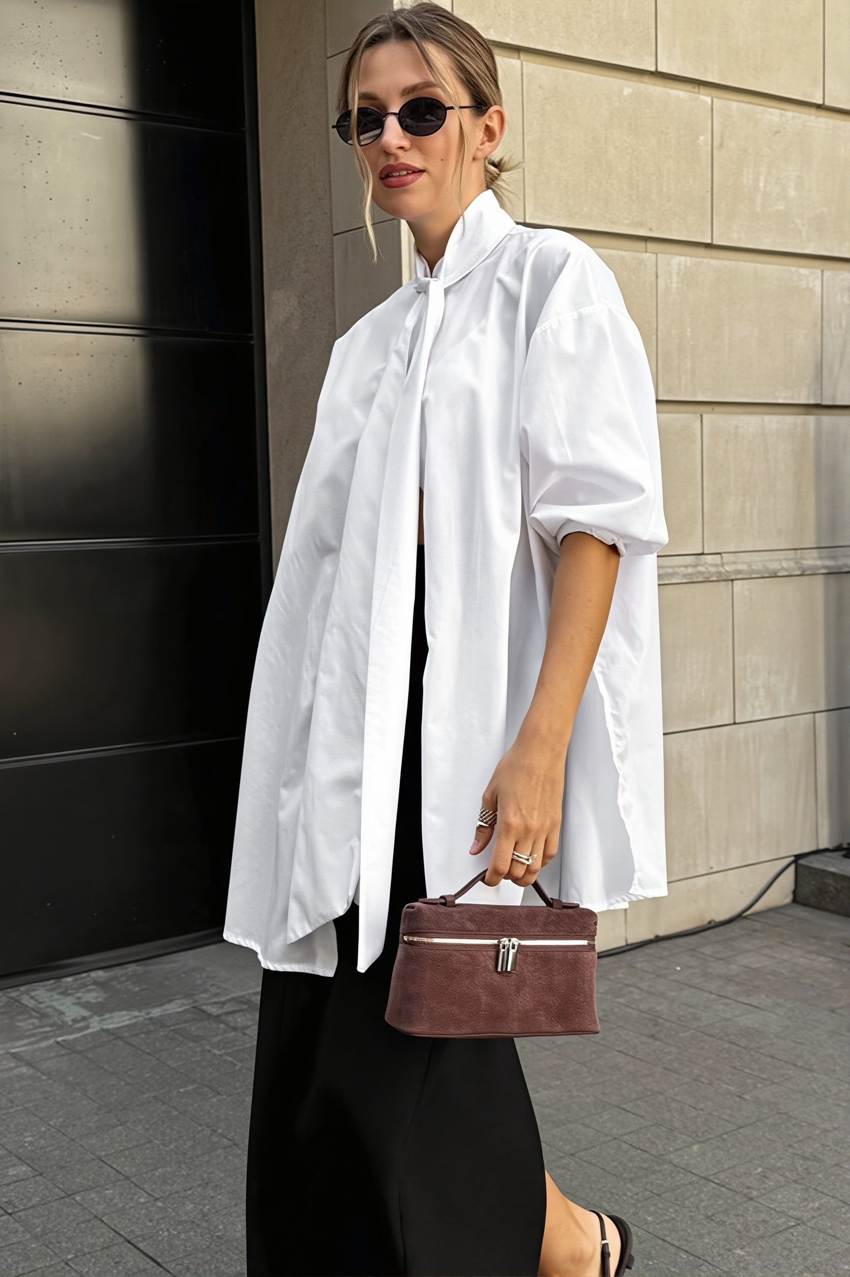 Stand Collar Tie White Elegant Blouse