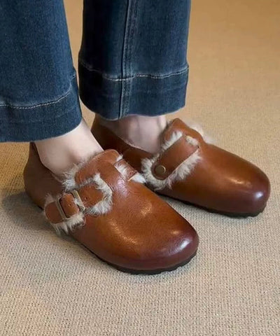 Zapatos planos retro de piel de oveja color caramelo con forro de lana afelpada 