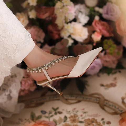 Sandalias de tacón alto con tiras cruzadas en la cabeza, de primavera/verano, con perlas francesas, diamantes de agua y blancos, para boda.
