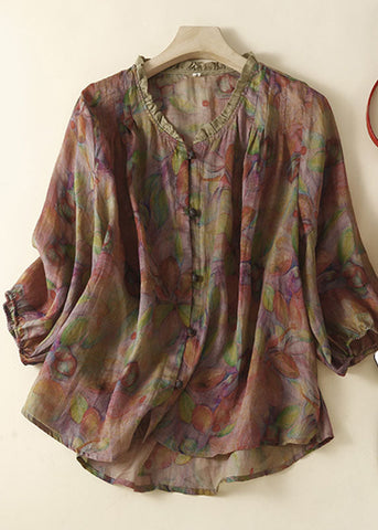 Bio Lila Print Rüschen Patchwork Leinen Tops Sommer 