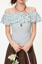 Mint Polka Dot Ruffle Off Shoulder Blouse