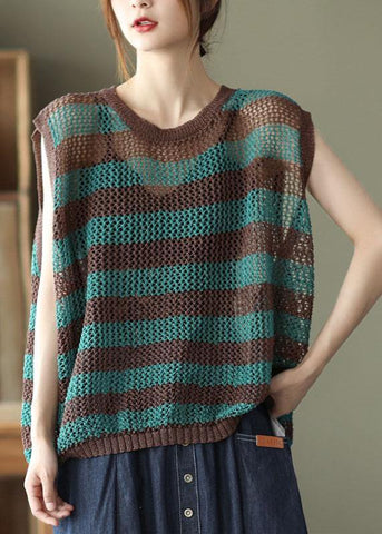 Camiseta de tirantes de lino de verano con rayas de morera y aberturas sin mangas 