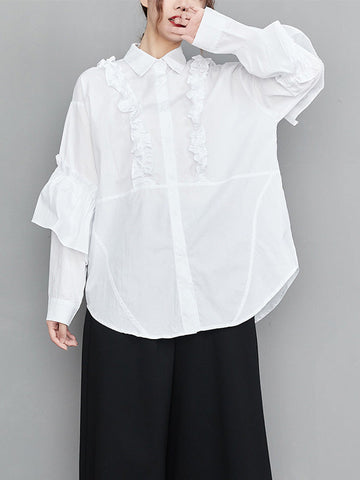Casual Loose Long Sleeves Buttoned Ruffled Solid Color Lapel Collar Blouses&Shirts Tops