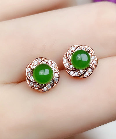 Pendientes de jade y circonitas doradas de plata verde a la moda 