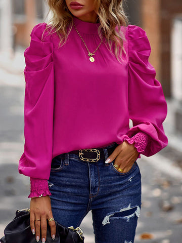 Bishop Sleeve Long Sleeves Pleated Solid Color Mock Neck Blouses&Shirts Tops