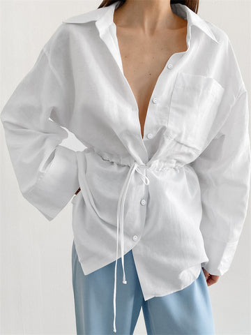 Camisas casuales blancas con cordones, prendas de vestir exteriores para mujer, cárdigan de manga larga con parches, blusa, abrigo, novedad de 2024 