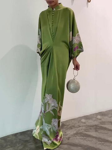Vestidos largos musulmanes plisados ​​con cuello alto y estampado floral holgado con mangas de murciélago 
