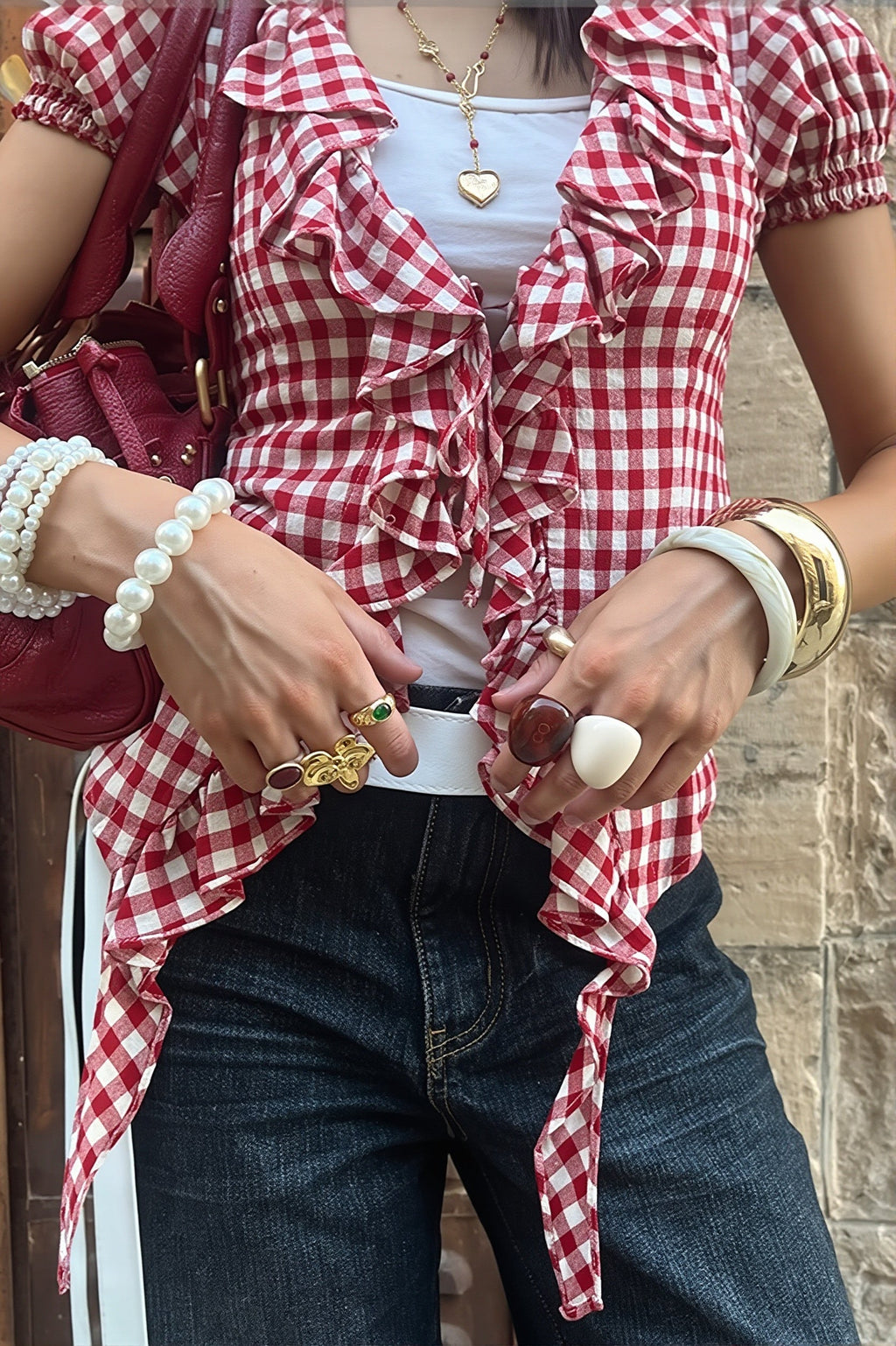 Plaid Ruffle Waist Puff Sleeve Blouse