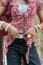 Plaid Ruffle Waist Puff Sleeve Blouse