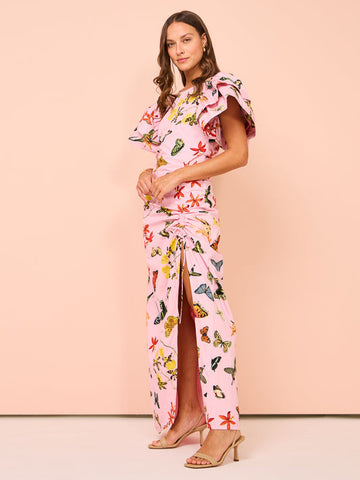 Vestido largo con abertura y cordón, mangas abullonadas y estampado de mariposas 