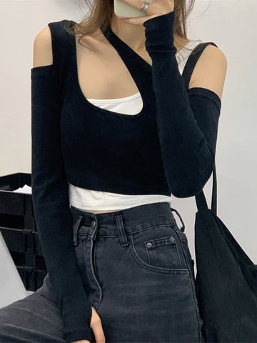 Sexy Patchwork Long Sleeve T-shirts Women Slim Fit Fashion Crop Tops Hot Girls Irregular Skinny Elegant Casual Off-shoulder Tees