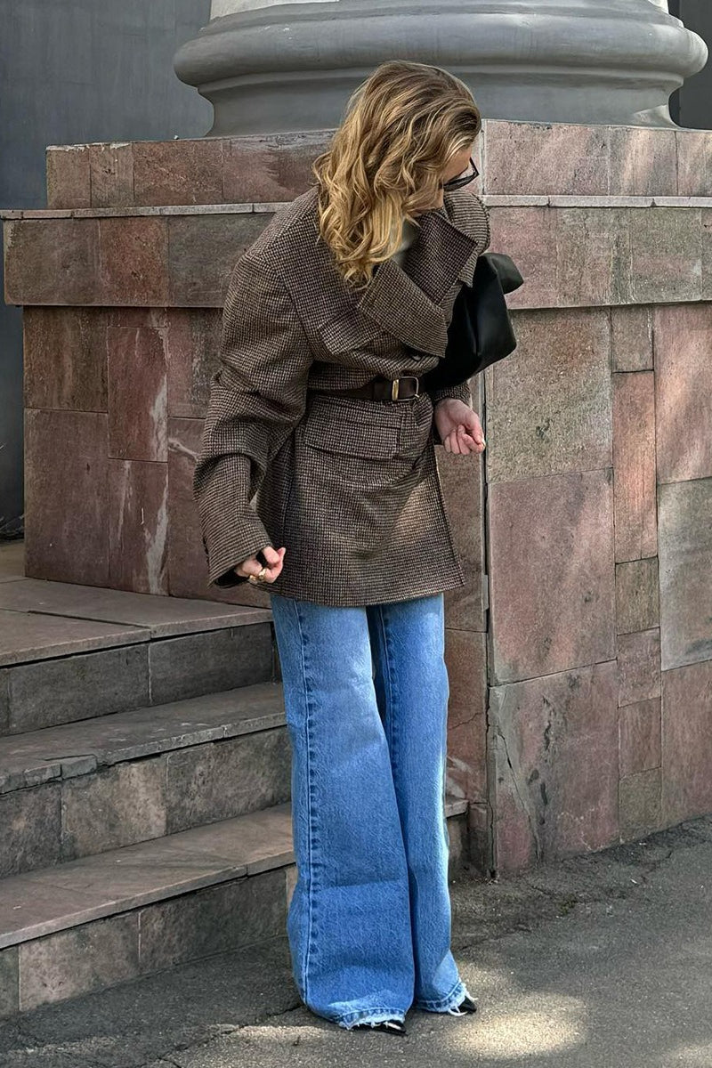 Houndstooth Wool Blend Long Coat