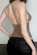 Sexy V Neck Halter Mesh Ruched Tank Top