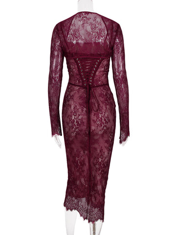 Figurbetontes Kleid aus Spitze, verstellbarer Spaghettiträger, Schnürung, sexy Party-Midikleider 