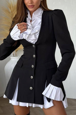 Altair Kontrastierendes Rüschenhemd Patchwork-Knopffaltenblazer-Minikleid