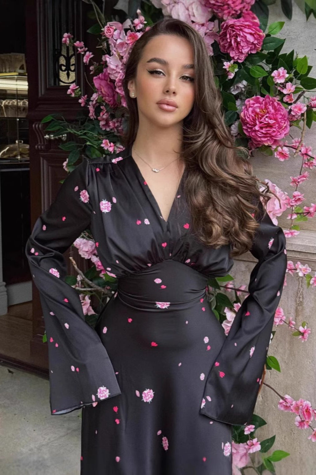 Satin Floral V Neck Flared Hem Maxi Dress