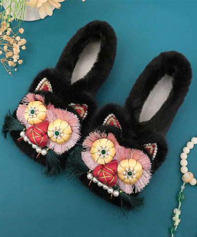 Pink Retro Nail Bead Splicing Flat Shoes Fuzzy Wool Lined
