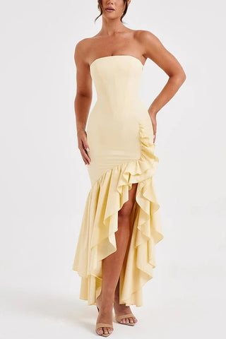 Sexy schulterfreies, schmal geschnittenes Maxikleid mit unregelmäßigem Saum 