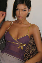 Sexy Solid Slim Stylish Sheer Bow Purple Cami Top