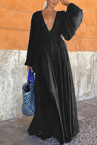 Vestido largo de gasa con cintura fruncida y fruncido 