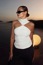 Cut Out Shoulder High Neck Stretch Tank Top