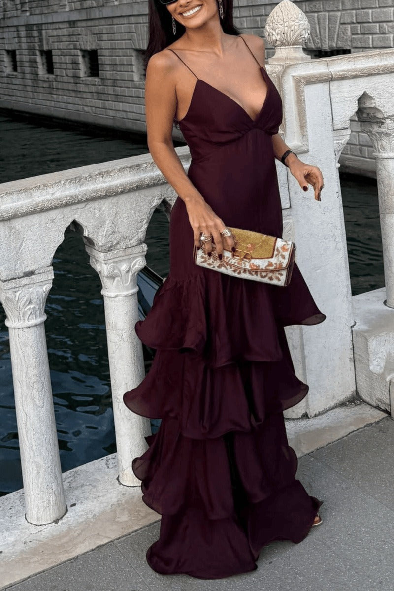 Deep V Tube Waist Cami Cake Maxi Dress