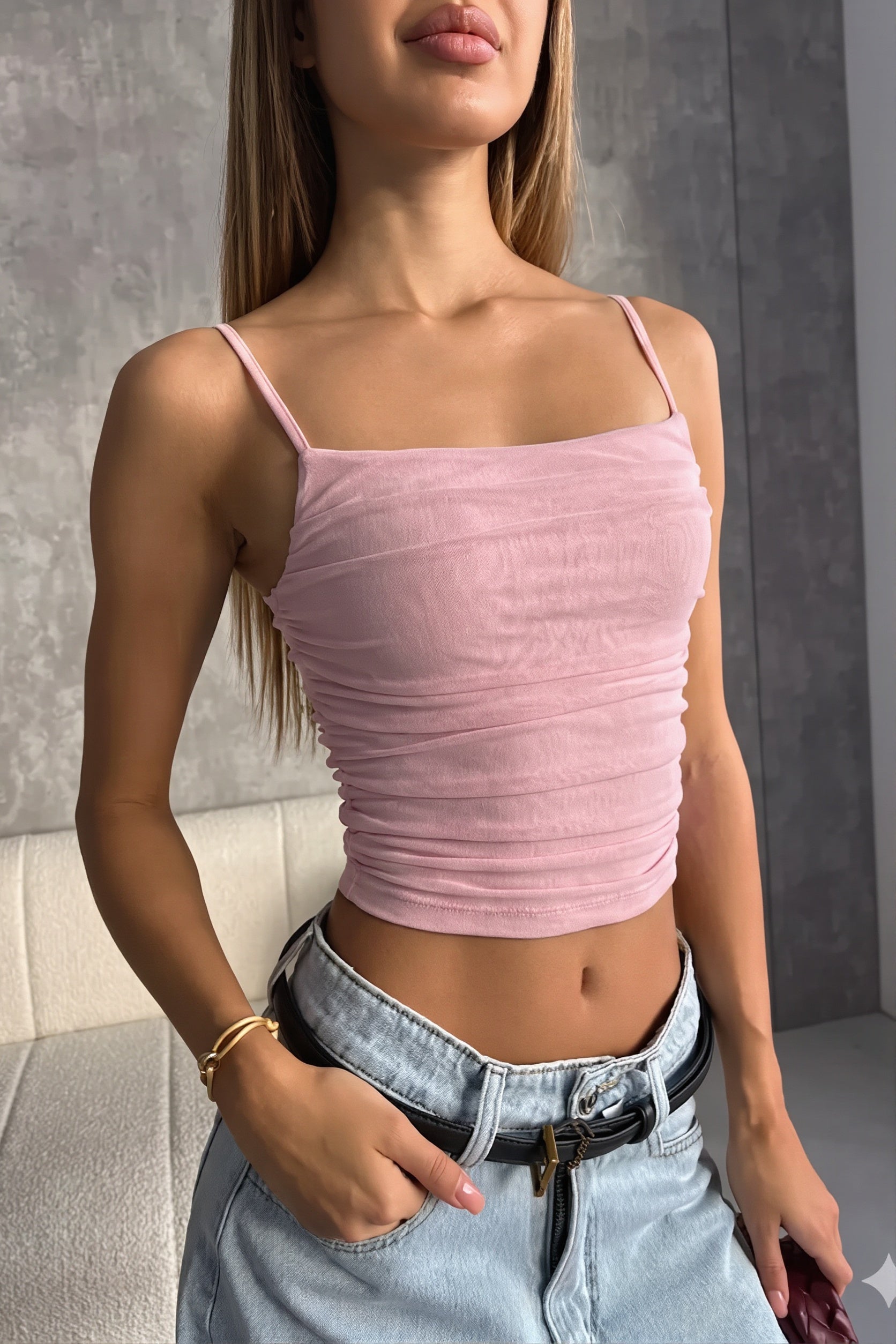 Ruched Mesh Slim Tank Top